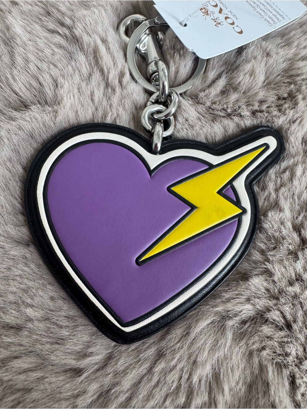 💜NWT Coach Purple Heart Lightning Bolt Bag Charm Keychain Leather